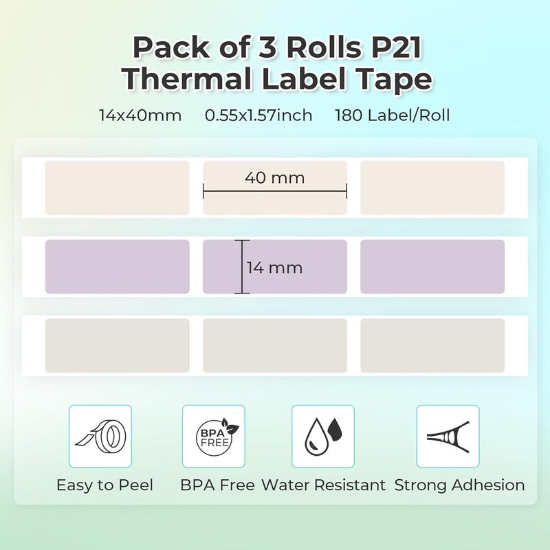 Nelko Genuine P21 Label Maker Tape, Adapted Label Print Paper, 14x40mm (0.55"x1.57"), Standard Laminated Labeling Replacement, Multipurpose of P21, 180 Tapes/Roll, 3-Roll, Beige/Brown/Purple - Image 2
